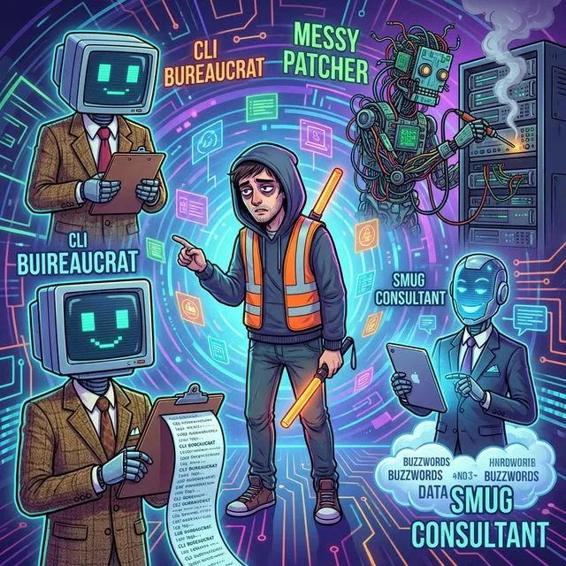 A tired developer managing a chaotic team of AI agents