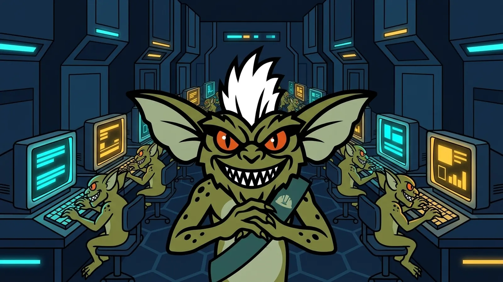 The Gremlins Factory Floor Stripe, the Gremlins mascot, as a foreman watching over a row of terminals