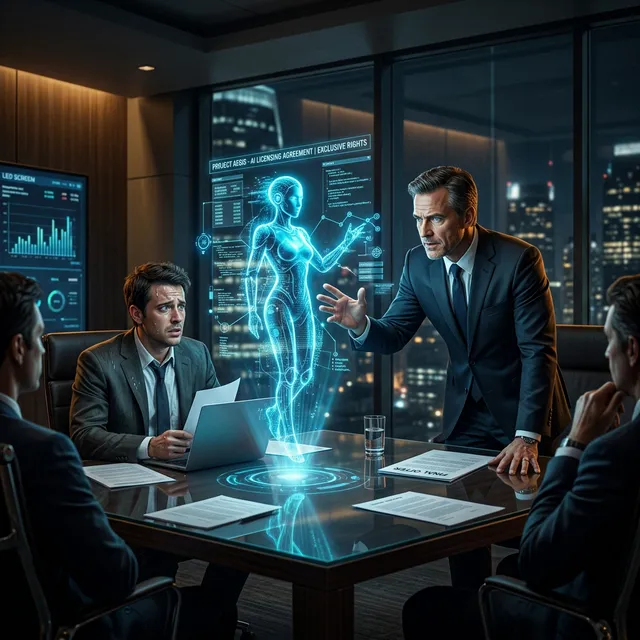 A tense boardroom negotiation where a corporate executive is using a glowing holographic AI agent as a bargaining chip against a nervous software vendor.