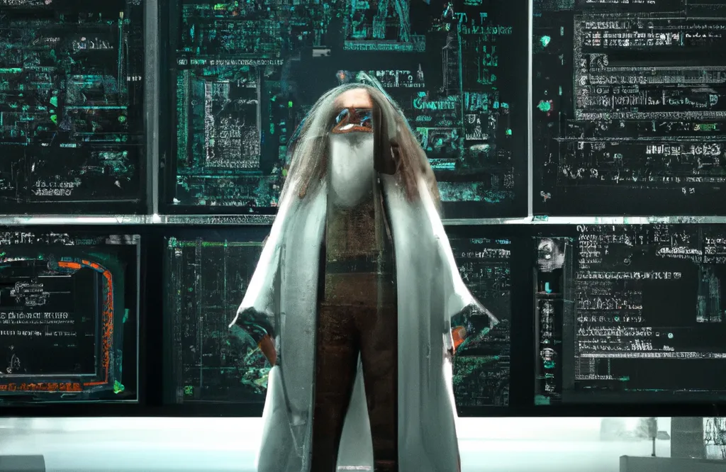 A crazy looking robot software architect, standing in front of a whiteboard of crazy designs