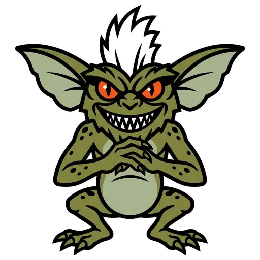Stripe, the Gremlins mascot Stripe, a green gremlin with a white mohawk, red eyes and a needle-toothed grin, crouching and rubbing his claws together