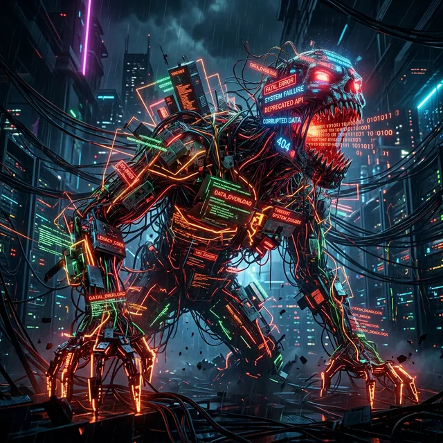 Zombie Architecture A chaotic, sprawling enterprise software architecture diagram that has come alive as a glowing, terrifying zombie-like entity, made of tangled wires, broken code blocks, and malfunctioning server nodes.